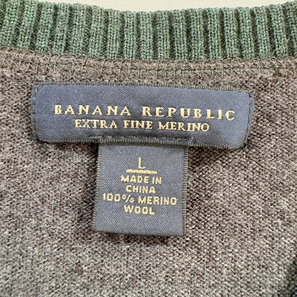 Banana Republic V-Neck Sweater Mens Large Gray Green Extra Fine Merino Wool